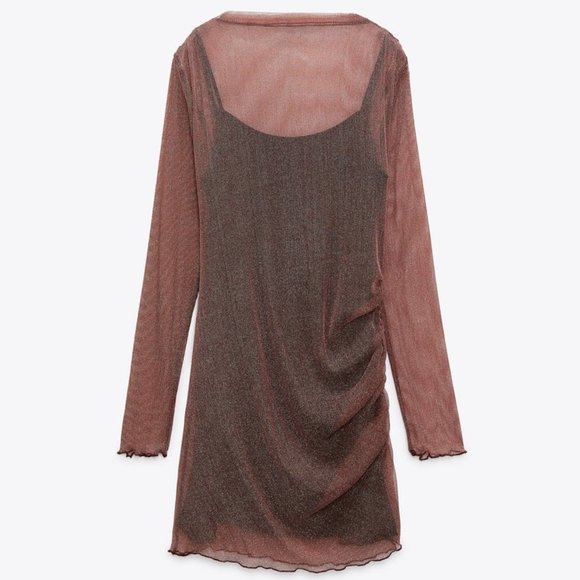 NWT PINK BROWN CONTRASTING SPARKLY MESH DRESS. - Picture 4 of 9